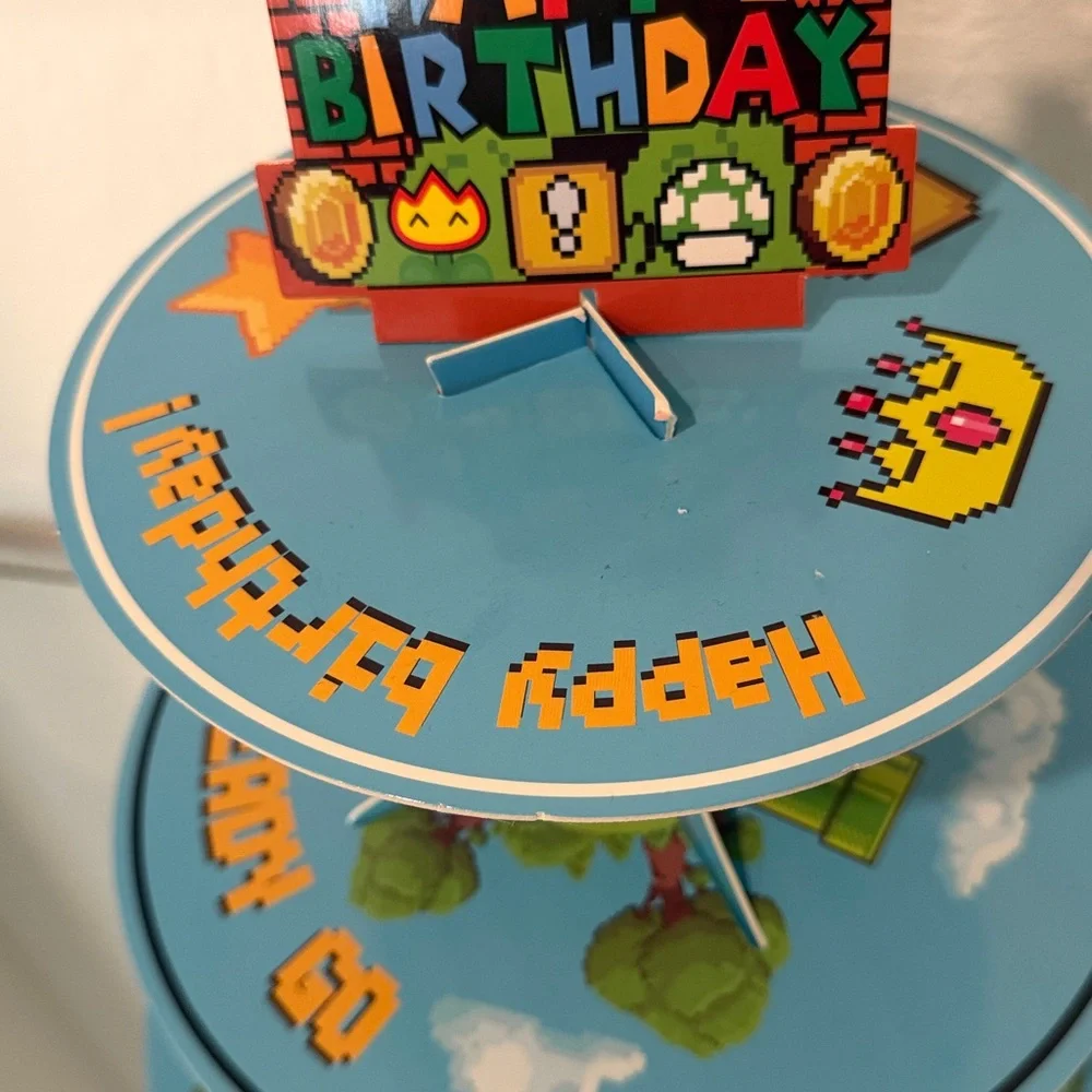 Blue Super Mario Theme 4-Tier Birthday Cupcake Stand